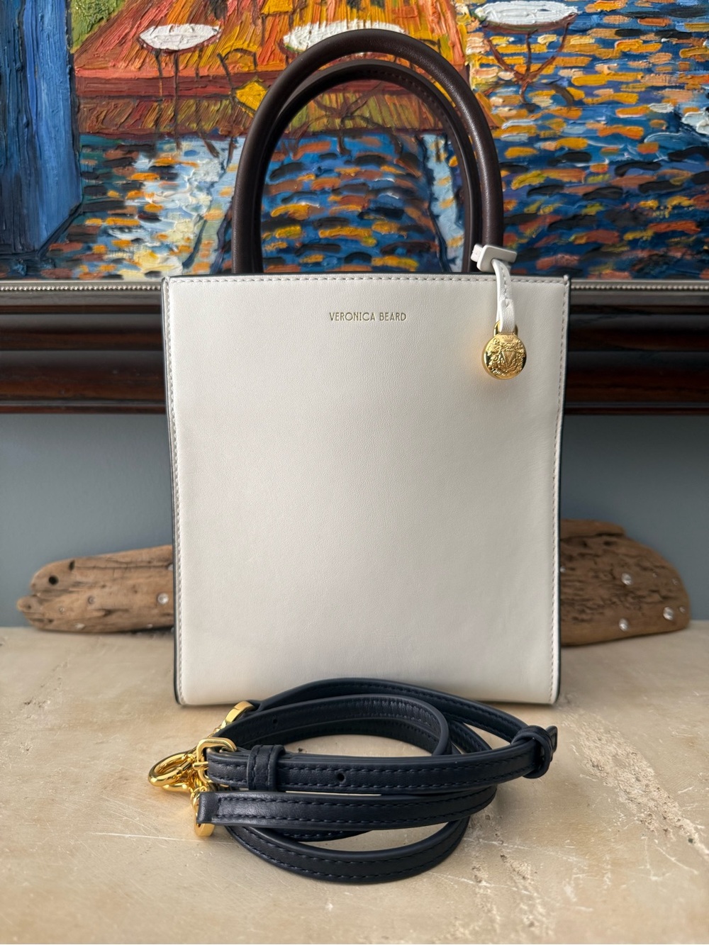 Veronica Beard Cream Leather Satchel with Black Handles & Strap